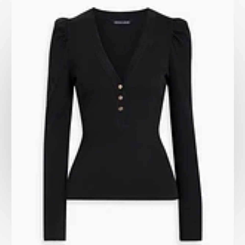 Veronica Beard Black Ribbed Henley Top – Pima Cotton – Puff Sleeve